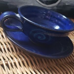Blue Handmade Teacup and Saucer Spiral Design
